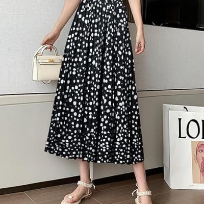 Womens Skirt Leopard Print Midi Long Shirring Pleated Skirts High Waisted A Line Skirts