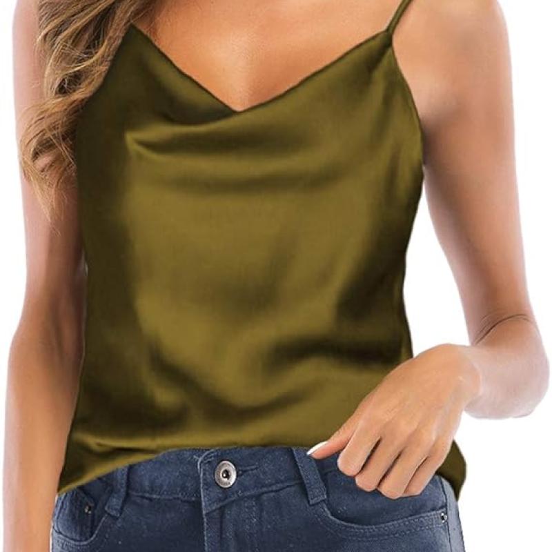 Women's Silk Satin Camisole Cowl Neck Tank Top Cami Silky Basic Tank Shirt Blouses