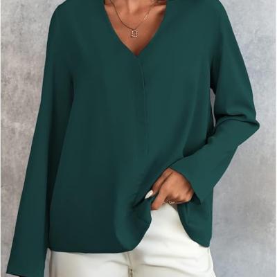 Women's Long Sleeve Shirts V Neck Business Casual Plain Work Blouses Tops