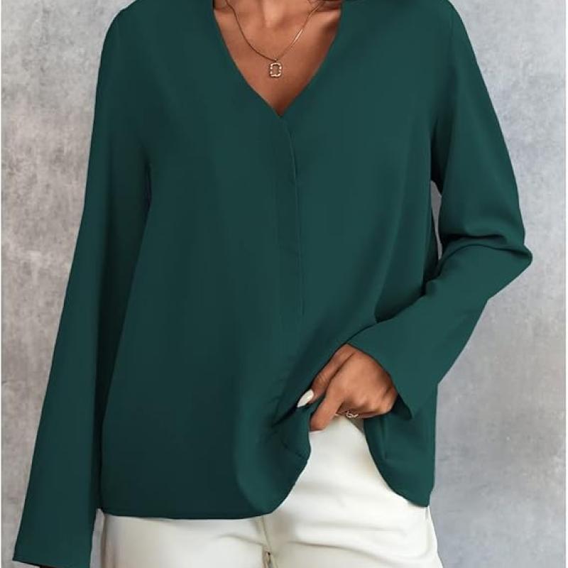 Women's Long Sleeve Shirts V Neck Business Casual Plain Work Blouses Tops