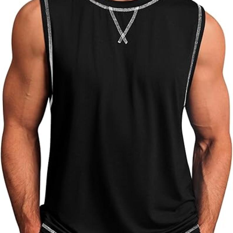 Mens Workout Tank Tops Sleeveless Casual Crewneck Beach T Shirt Muscle Athletic Gym Running Tee