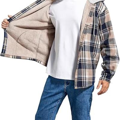 Men's Cotton Plaid Shirts Jacket Fleece Lined Flannel Shirts Sherpa Button Down Jackets with Hood for Men