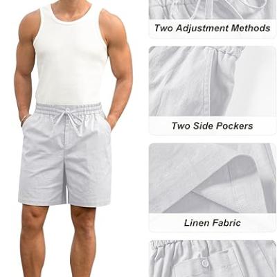Mens Cotton Linen Shorts Casual Drawstring 7inch Inseam Shorts Stretch Summer Beach Wear