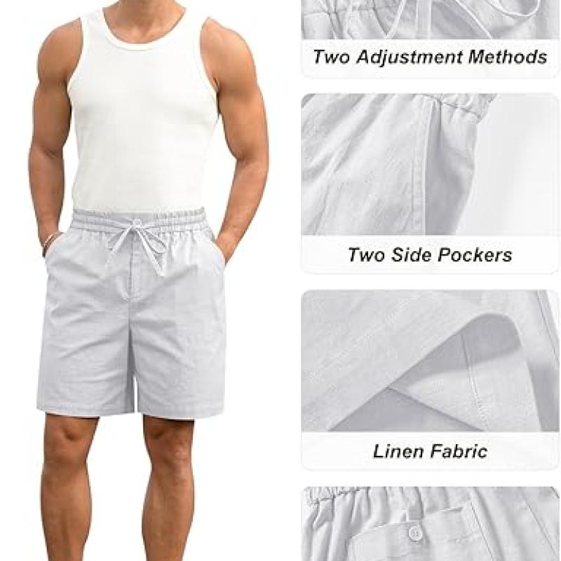Mens Cotton Linen Shorts Casual Drawstring 7inch Inseam Shorts Stretch Summer Beach Wear