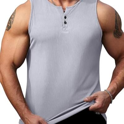 Mens Workout Tank Tops Summer Gym Muscle Ribbed Sleeveless Henley Shirt Casual Knitted Slim Fit Beach