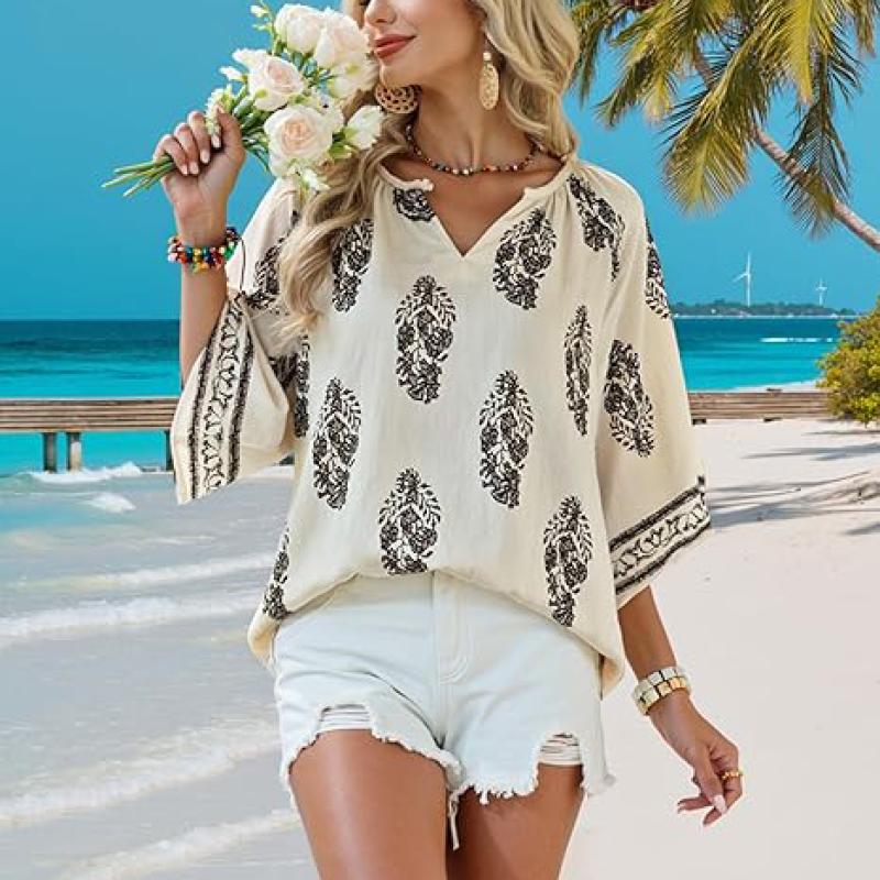Womens 3/4 Sleeve V Neck Bohemian Peasant Blouses Casual Loose Fit Tunic Tops