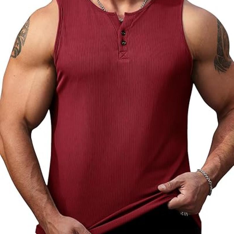 Mens Workout Tank Tops Summer Gym Muscle Ribbed Sleeveless Henley Shirt Casual Knitted Slim Fit Beach