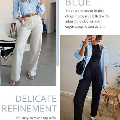 Womens Button Down Shirts V Neck Rolled Up Long Sleeve Tops Elegant Dressy Blouses Business Casual Outfits