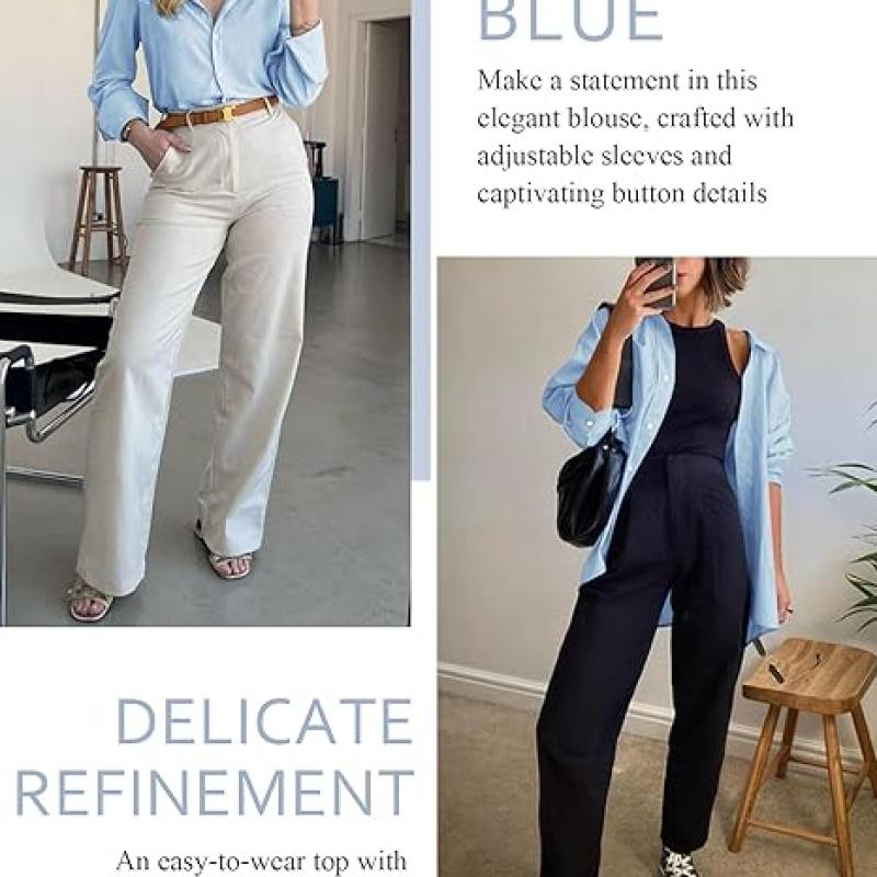 Womens Button Down Shirts V Neck Rolled Up Long Sleeve Tops Elegant Dressy Blouses Business Casual Outfits