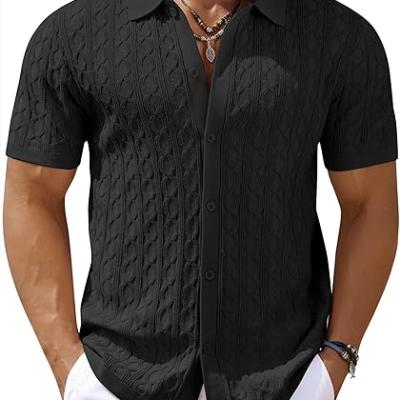 Men's Knit Short Sleeve Shirts Button Down Vintage Knitted Polo Shirt Casual Beach Crochet Cable Vacation Shirt