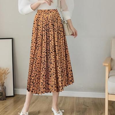 Womens Skirt Leopard Print Midi Long Shirring Pleated Skirts High Waisted A Line Skirts