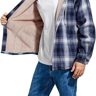 Men's Cotton Plaid Shirts Jacket Fleece Lined Flannel Shirts Sherpa Button Down Jackets with Hood for Men