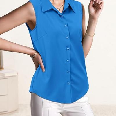 Womens Sleeveless Button Down Shirt Tops V Neck Business Casual Collared Blouses Tank Top