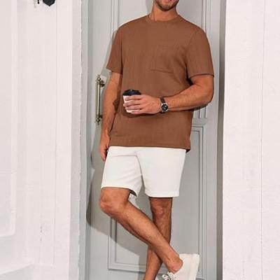 Mens Short Sleeve T-Shirts Casual Knit Texture Crewneck Pocket Tee Tops Loose Fit Summer Shirt