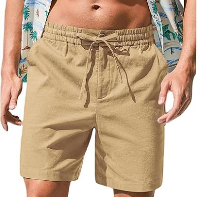 Mens Cotton Linen Shorts Casual Drawstring 7inch Inseam Shorts Stretch Summer Beach Wear