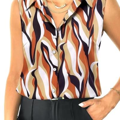 Womens Sleeveless Button Down Shirt Tops V Neck Business Casual Collared Blouses Tank Top