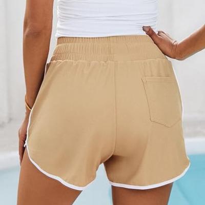 High Waisted Swim Shorts for Women with Pockets Drawstring Color Block Quick Dry Swim Shorts with Liner