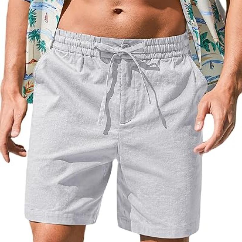 Mens Cotton Linen Shorts Casual Drawstring 7inch Inseam Shorts Stretch Summer Beach Wear