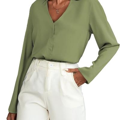 Women's Long Sleeve Shirts V Neck Business Casual Plain Work Blouses Tops