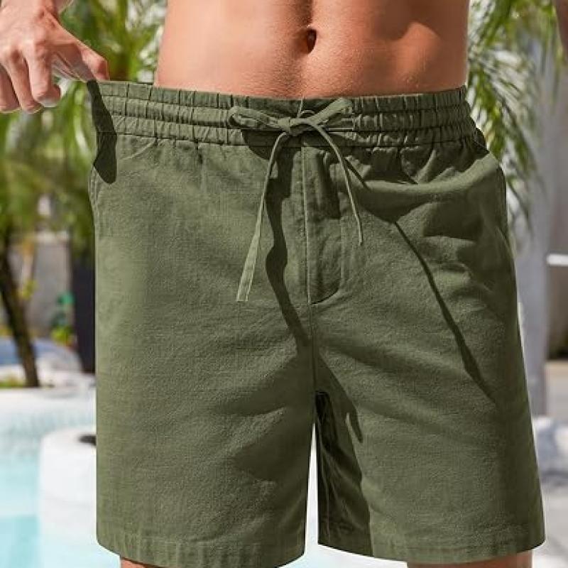 Mens Cotton Linen Shorts Casual Drawstring 7inch Inseam Shorts Stretch Summer Beach Wear