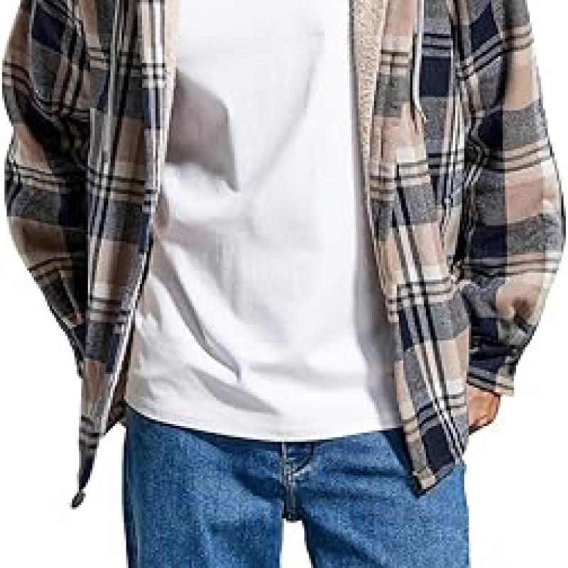 Men's Cotton Plaid Shirts Jacket Fleece Lined Flannel Shirts Sherpa Button Down Jackets with Hood for Men