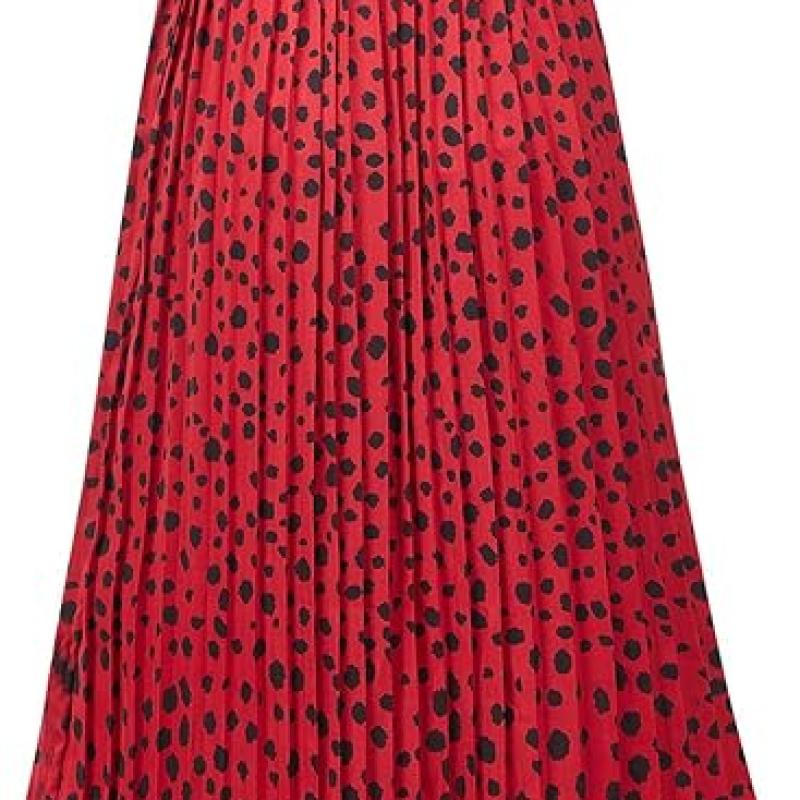 Womens Skirt Leopard Print Midi Long Shirring Pleated Skirts High Waisted A Line Skirts