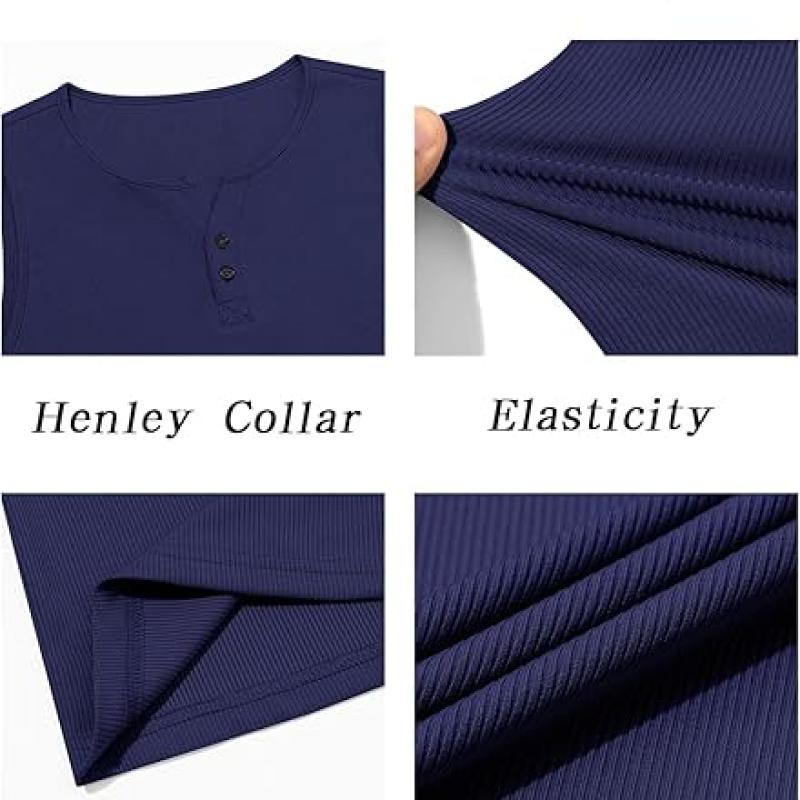 Mens Workout Tank Tops Summer Gym Muscle Ribbed Sleeveless Henley Shirt Casual Knitted Slim Fit Beach