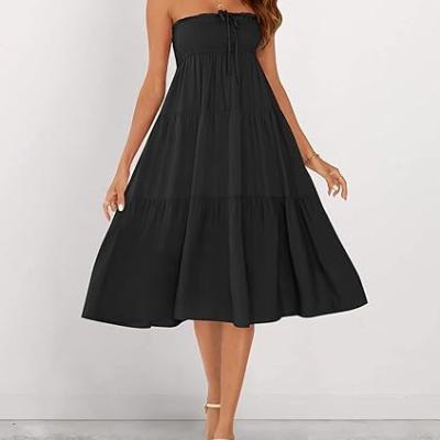 Women's Summer Flowy Boho Maxi Skirt Trendy Drawstring Elastic High Waist Pleated Tiered A Line Beach Long Skirts