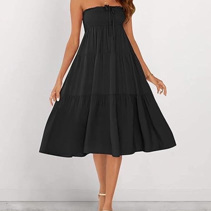 Women's Summer Flowy Boho Maxi Skirt Trendy Drawstring Elastic High Waist Pleated Tiered A Line Beach Long Skirts