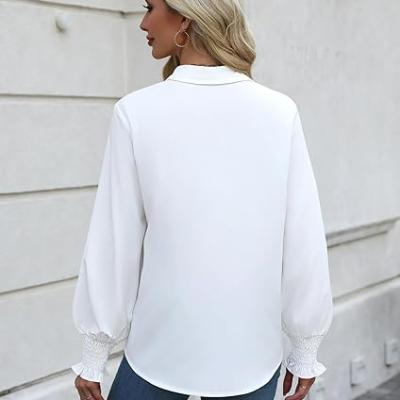 Womens Button Down Shirts Smocked Cuffed Blouse Printed Lantern Shirt Long Sleeve Top Collar Business Fashion