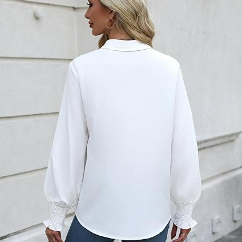 Womens Button Down Shirts Smocked Cuffed Blouse Printed Lantern Shirt Long Sleeve Top Collar Business Fashion
