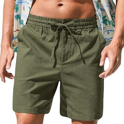 Mens Cotton Linen Shorts Casual Drawstring 7inch Inseam Shorts Stretch Summer Beach Wear