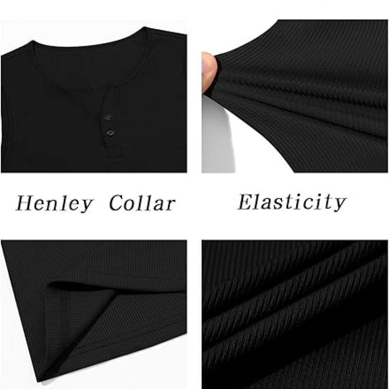 Mens Workout Tank Tops Summer Gym Muscle Ribbed Sleeveless Henley Shirt Casual Knitted Slim Fit Beach