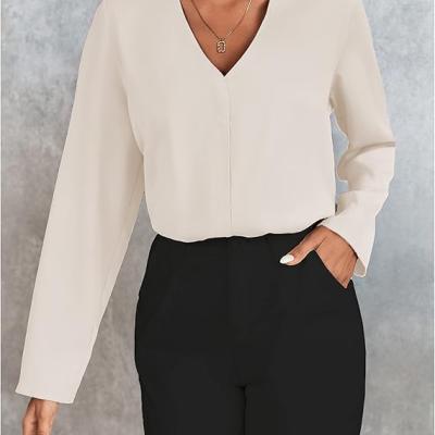 Women's Long Sleeve Shirts V Neck Business Casual Plain Work Blouses Tops