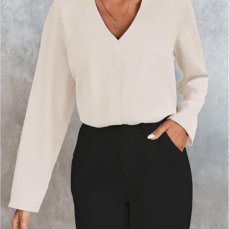 Women's Long Sleeve Shirts V Neck Business Casual Plain Work Blouses Tops