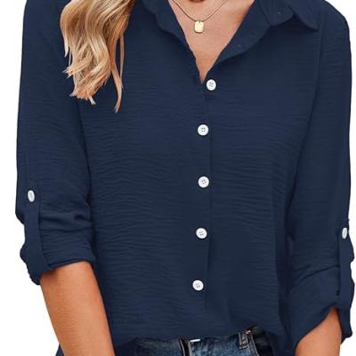 Womens Button Down Shirts V Neck Rolled Up Long Sleeve Tops Elegant Dressy Blouses Business Casual Outfits