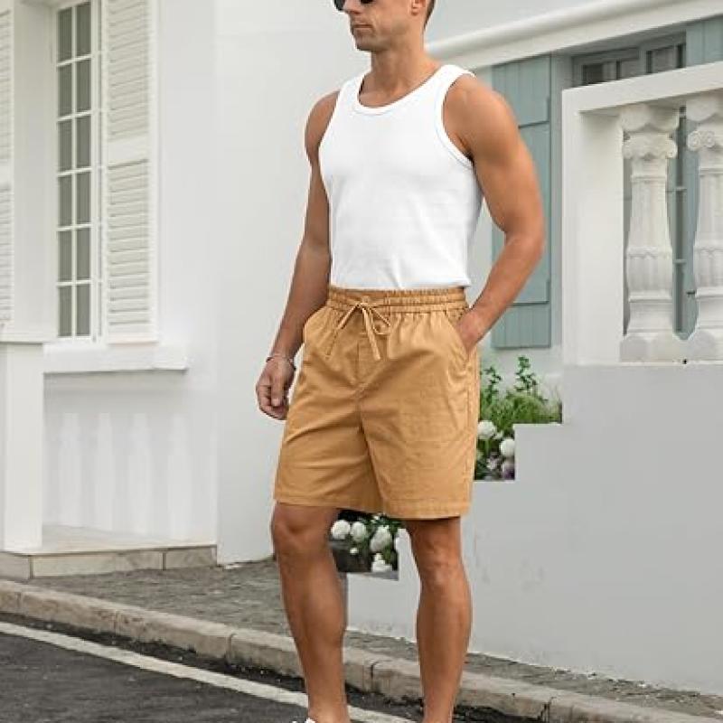 Mens Cotton Linen Shorts Casual Drawstring 7inch Inseam Shorts Stretch Summer Beach Wear
