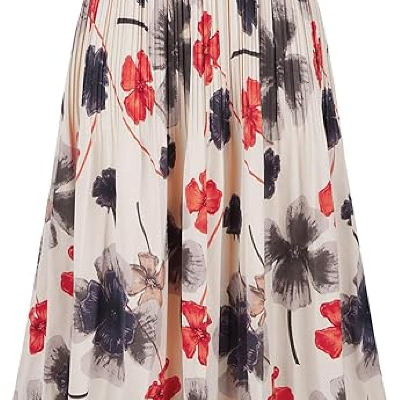 Womens Skirt Leopard Print Midi Long Shirring Pleated Skirts High Waisted A Line Skirts