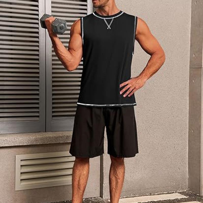 Mens Workout Tank Tops Sleeveless Casual Crewneck Beach T Shirt Muscle Athletic Gym Running Tee