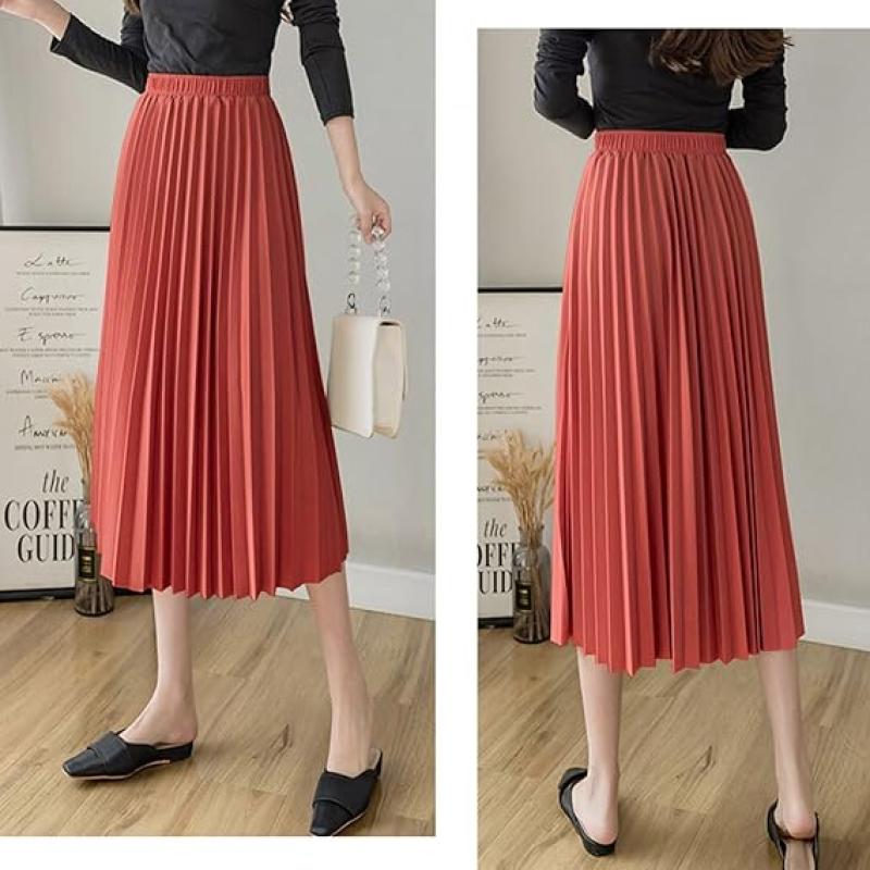 Womens Skirt Leopard Print Midi Long Shirring Pleated Skirts High Waisted A Line Skirts