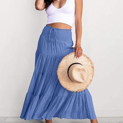 Women's Summer Flowy Boho Maxi Skirt Trendy Drawstring Elastic High Waist Pleated Tiered A Line Beach Long Skirts