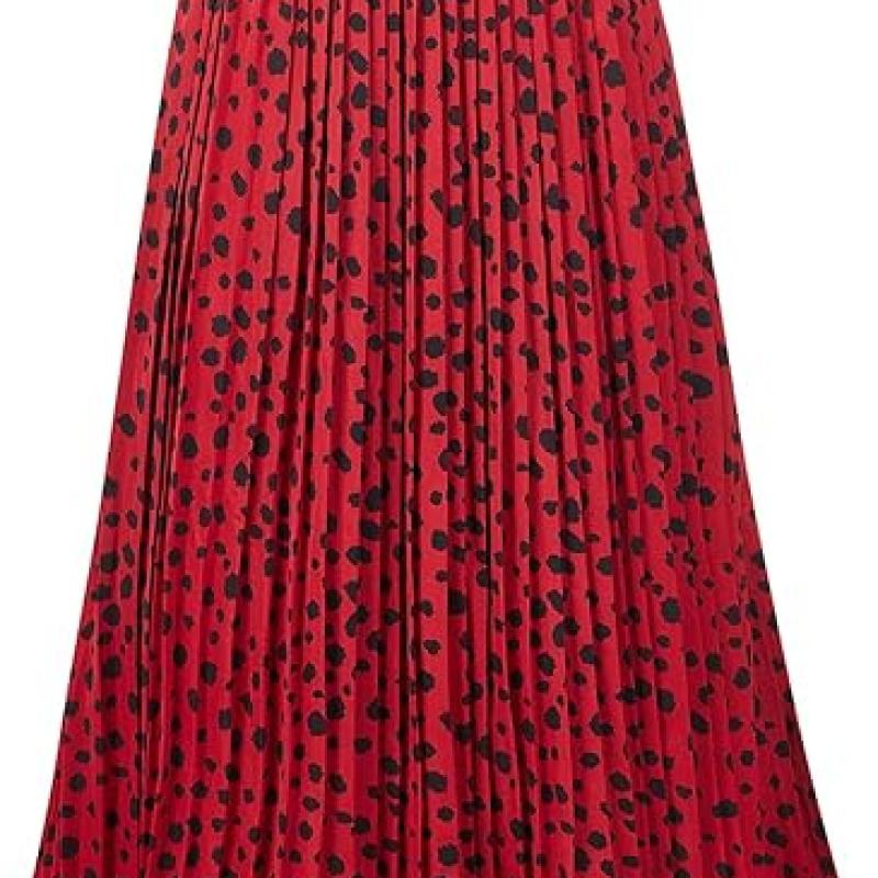 Womens Skirt Leopard Print Midi Long Shirring Pleated Skirts High Waisted A Line Skirts