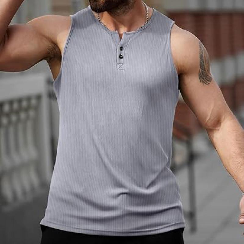 Mens Workout Tank Tops Summer Gym Muscle Ribbed Sleeveless Henley Shirt Casual Knitted Slim Fit Beach