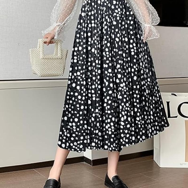 Womens Skirt Leopard Print Midi Long Shirring Pleated Skirts High Waisted A Line Skirts
