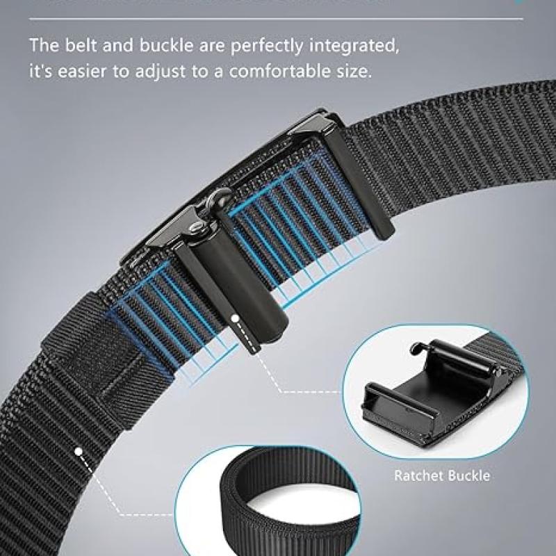Men's Ratchet Web Belt, 1.25 inch Nylon Automatic Buckle Belt, No Holes Invisible Belt for Men