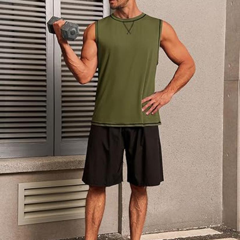 Mens Workout Tank Tops Sleeveless Casual Crewneck Beach T Shirt Muscle Athletic Gym Running Tee
