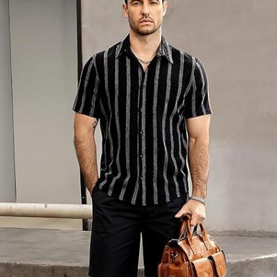 Mens Summer Striped Shirts Button Down Short Sleeve Vintage Beach Hawaiian Shirts with Pocket