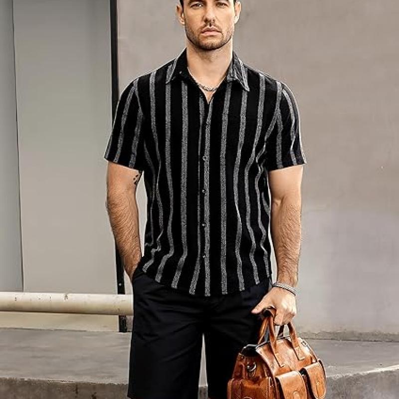 Mens Summer Striped Shirts Button Down Short Sleeve Vintage Beach Hawaiian Shirts with Pocket
