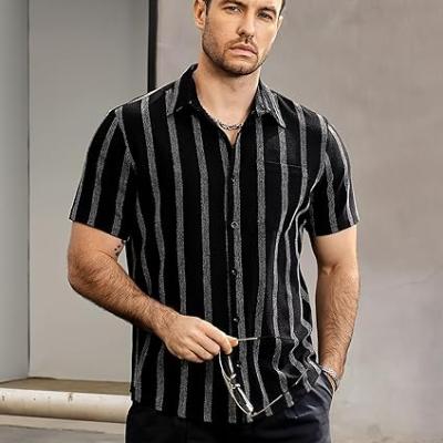 Mens Summer Striped Shirts Button Down Short Sleeve Vintage Beach Hawaiian Shirts with Pocket