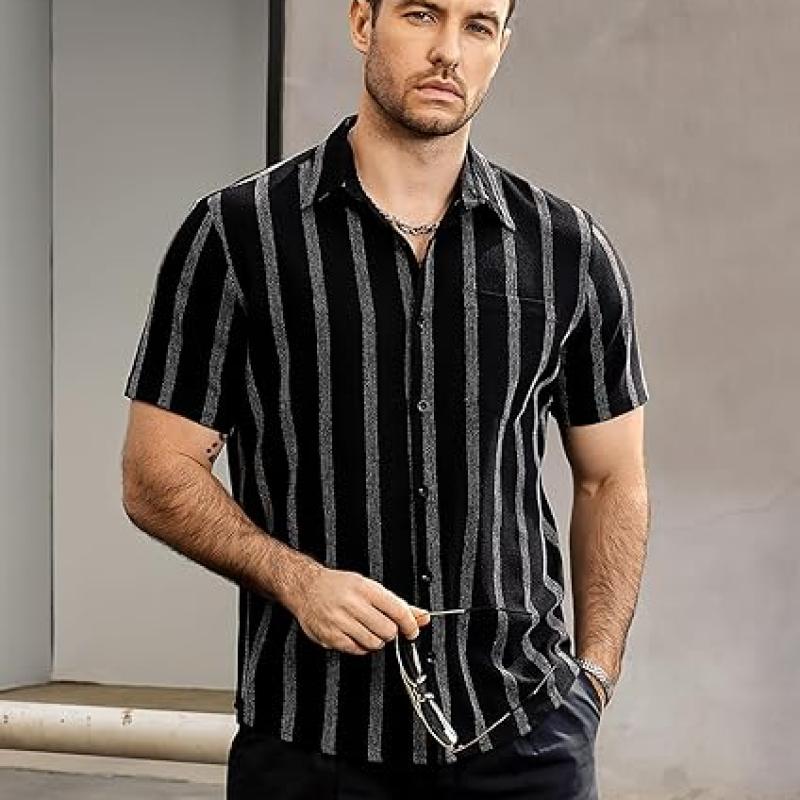 Mens Summer Striped Shirts Button Down Short Sleeve Vintage Beach Hawaiian Shirts with Pocket